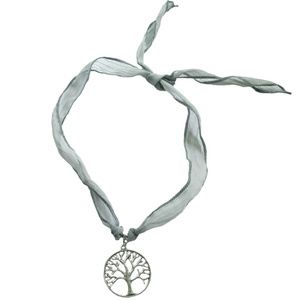 Tree of Life Silver Tone Necklace Grey Silk Ribbon